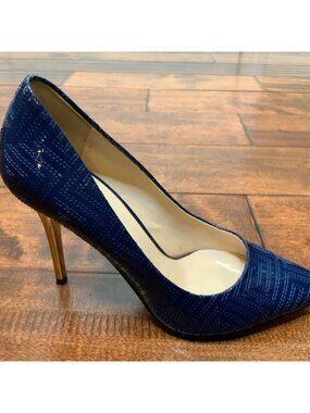 Versace Blue Patent Leather Geometric Stitched Silver Pump Heels, Size 36 | 6